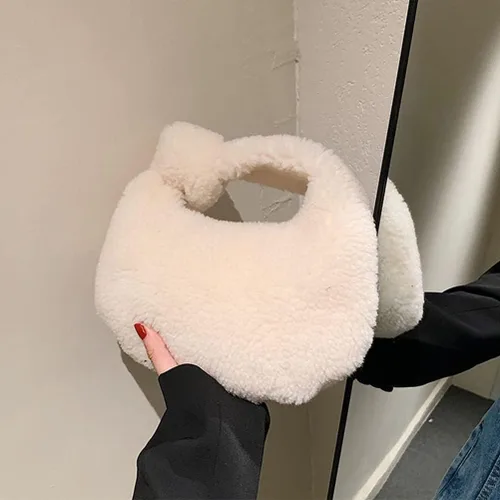 Vista 4 de VALICLUD Bolsa de felpa de invierno para dumpling de moda, bolsa de almacenamiento portátil, Blanco