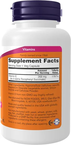 Vista 2 de NOW Suplementos, vitamina E-400 IU D-alfa tocoferilo, protección seca y antioxidante*, 100 cápsulas vegetales