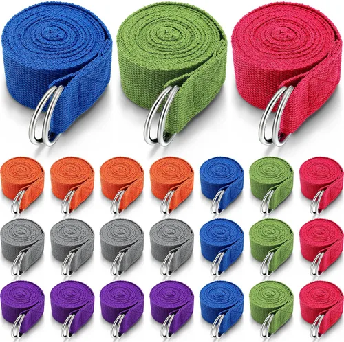 Vista 8 de Leyndo Correa de yoga para estirar, pilates, ejercicio, correas ajustables de 6 pies, cinturón de yoga no elástico con hebilla de anillo en D Negro