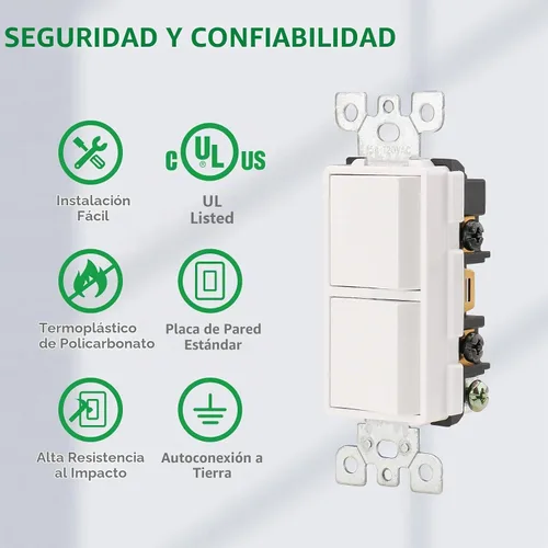Vista 2 de Wengart Interruptor Decorativo de Combinación Basculante Dúplex, 120VCA 15Amp, Terminal de Tierra, Grado Residencial/Comercial, 2 Interruptores