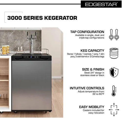 Vista 2 de EdgeStar KC3000TWIN Kegerator de doble grifo de tamaño completo con pantalla digital - negro