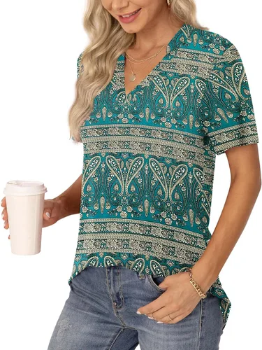 Vista 2 de Anyhold Blusa de verano para mujer, cuello en V, manga corta, holgada, para el trabajo