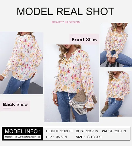 Vista 4 de Biucly - Camisas sueltas con cuello en V con estampado floral y manga larga para mujer, estilo bohemio