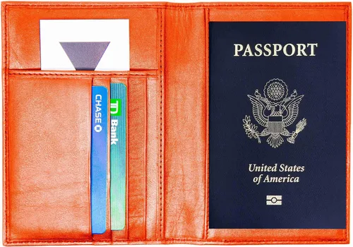 Vista 4 de Funda para pasaporte de piel de vaca genuina y cartera para hombres y mujeres, Naranja (con RFID), Cartera Rfid