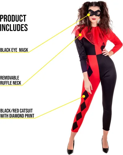 Vista 3 de Fun Shack Disfraz de bufón para mujer, disfraz de arlequín para mujer, disfraz de bufón de Halloween para mujer, disfraz de payaso de arlequín