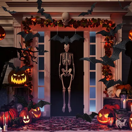 Vista 5 de DIYASY 56 piezas de murciélagos grandes para decoración de pared, murciélagos colgantes con purpurina para Halloween, calcomanías de murciélagos
