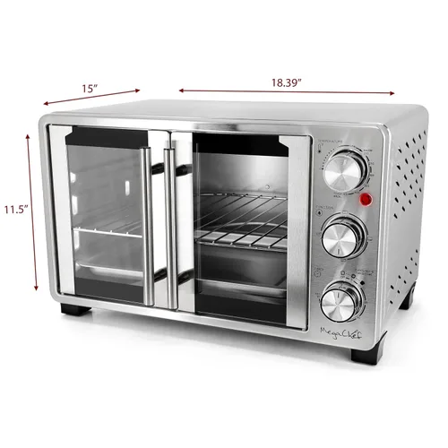 Vista 4 de MegaChef Horno Tostador Eléctrico Multifunción de Acero Inoxidable con Puerta Francesa de 26.4 Cuartos con Control de Temperatura y Temporizador
