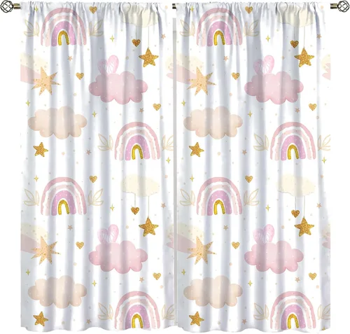 Vista 10 de Cortinas bohemias con diseño de arco iris, hermoso diseño de estrellas de durazno marrón y arcoíris, para dormitorio de niños y niñas, sala