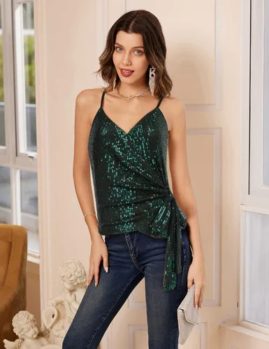 Vista 3 de GRACE KARIN Camiseta de lentejuelas para mujer, camiseta sin mangas brillante con cuello en V, sexy, con lazo en la cintura, para fiesta, club