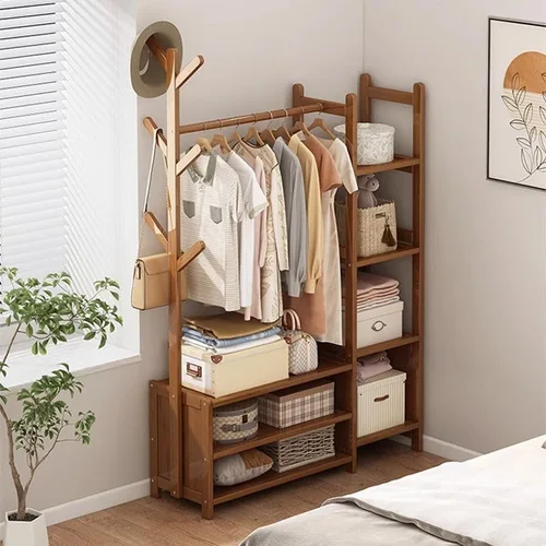 Vista 5 de Perchero de madera para colgar ropa con estantes de almacenamiento para entrada, pasillo, sala de estar