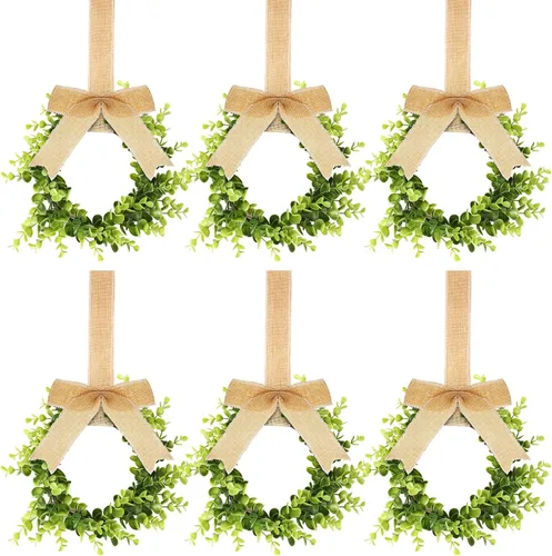 Vista 8 de 6 Piezas Coronas Pequeñas de Navidad para Gabinete de Cocina 9" Mini Coronas Artificiales de Boj de Navidad con Lazo de Cinta Decoración de Fiesta