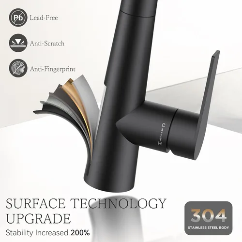 Vista 6 de FORIOUS Grifo de cocina negro alto con rociador extraíble, grifo clásico de acero inoxidable de arco alto para fregadero de cocina, mango único, 3