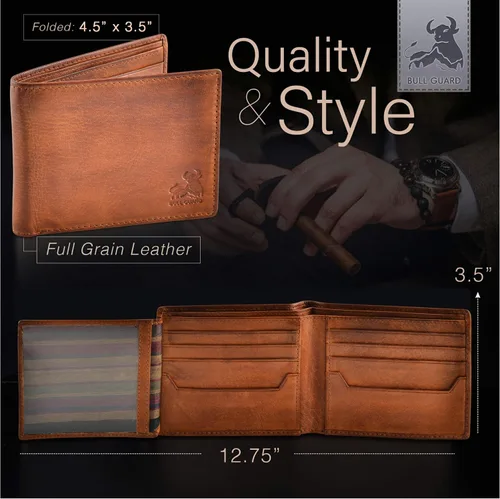 Vista 5 de Carteras plegables con bloqueo RFID para hombres con 2 ventanas de identificación cartera de cuero de grano completo de gran capacidad Marrón Rustic