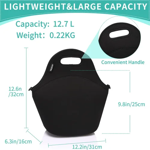 Vista 3 de Vaschy bolsa de almuerzo hermética de neopreno con correa ajustable desmontable para adultos y niños, Negro clásico, Negro clásico
