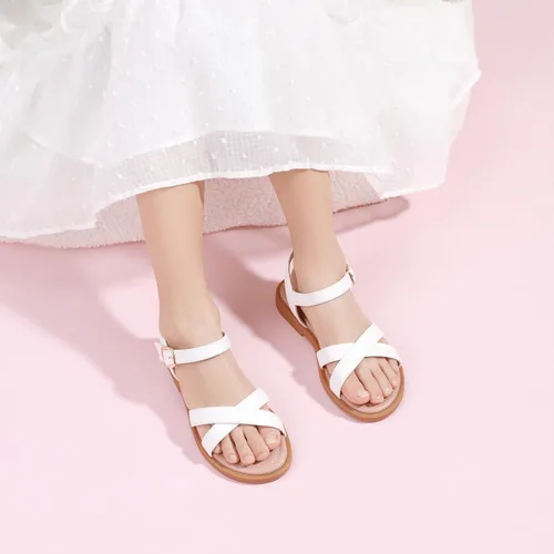 Vista 2 de PANDANINJIA Elva - Sandalias para niñas con puntera abierta, bonitas, planas, sandalias de vestir con tiras cruzadas, zapatos de verano para niños