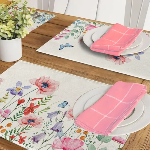 Vista 6 de Seliem Juego de 4 manteles individuales de flores de anémona de primavera, acuarela, rosa, floral, mariposa, comedor, decoración del hogar, cocina