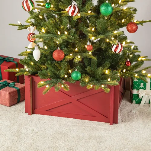 Vista 11 de Glitzhome Collar de árbol de madera, cubierta de base de árbol de Navidad, collares de árbol de Navidad para árboles artificiales, escena