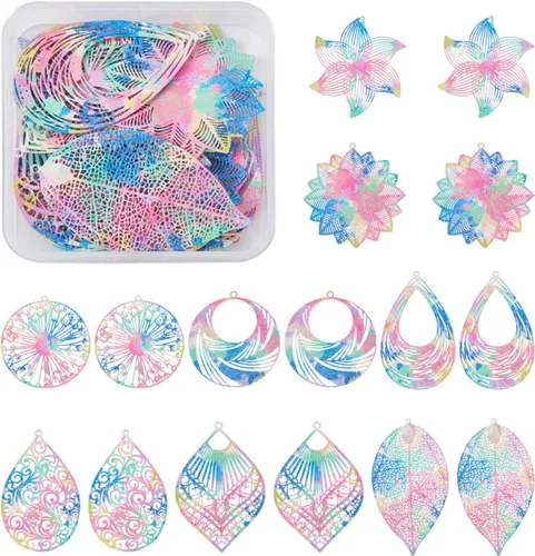 Vista 47 de FASHEWELRY 50 piezas de conectores de filigrana de mariposa de acero inoxidable, adornos de metal grabados con arco iris para fabricación de joyas