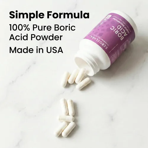 Vista 4 de Seroflora Cápsulas femeninas de ácido bórico de 600 mg, soporte de pH femenino, frescura íntima para mujeres, cápsulas de disolución rápida