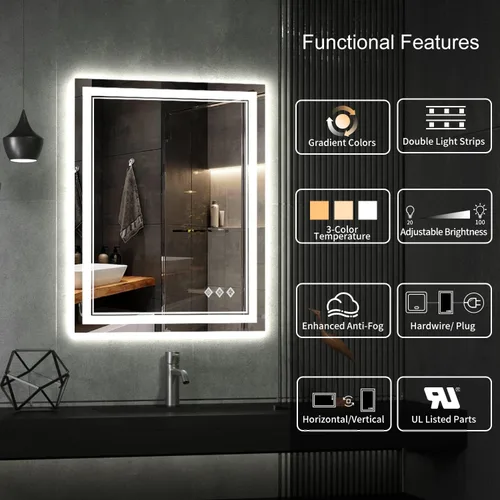 Vista 2 de LED Bathroom Mirror, 24x32 Inch Gradient Front and Backlit Vanity Mirror with Lights, 3 Colors Dimmable CRI>90 Double Lights, IP54 Enhanced