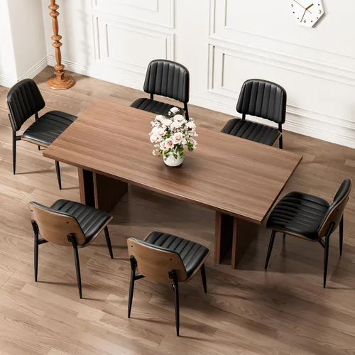 Vista 51 de Juego de 2 sillas de comedor, modernas sillas tapizadas de piel sintética de mediados de siglo con respaldo de nogal y patas de metal, pies