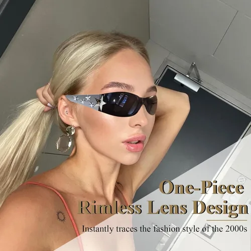 Vista 3 de 2 lentes de sol Star Y2K para mujer, sin marco, Y2K envolventes, plateados, estéticos Y2K