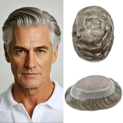 Vista 81 de Toupee para hombres Piezas de pelo fino mono para hombre Toupee sistema de reemplazo de pelo para hombres línea capilar natural para hombre postizo
