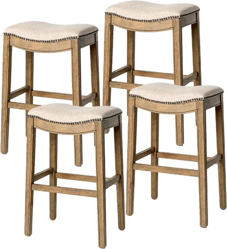 Vista 37 de Maven Lane Adrien Taburete de bar sin espalda, juego de 2, asiento de silla de montar de 31 pulgadas con reposapiés, marco de madera maciza marrón