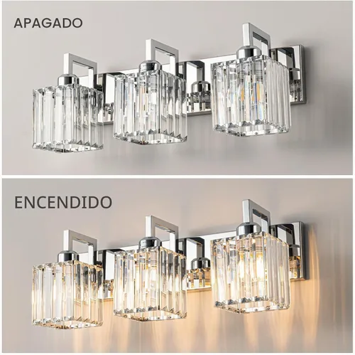 Vista 4 de Moderna lámpara de cristal para pared/tocador de baño, de 3 luces, color cromo Cromo torcido