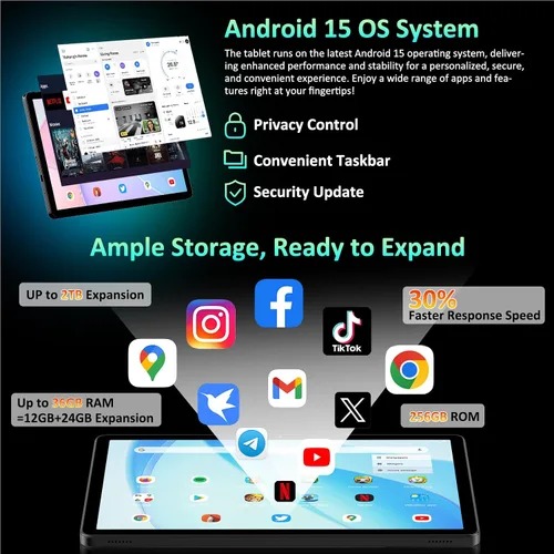 Vista 3 de Tablet Android 15, pantalla FHD de 11 pulgadas 2K 36 GB de RAM 256 GB ROM /2 TB TF T615 Octa-Core, tableta Android 2 en 1 con teclado, batería
