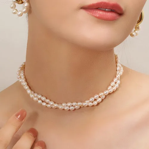 Vista 4 de Gargantilla de perlas, collar de gargantilla de perlas chapado en oro de 14 quilates para mujeres y niñas, collar de perlas de agua dulce natural