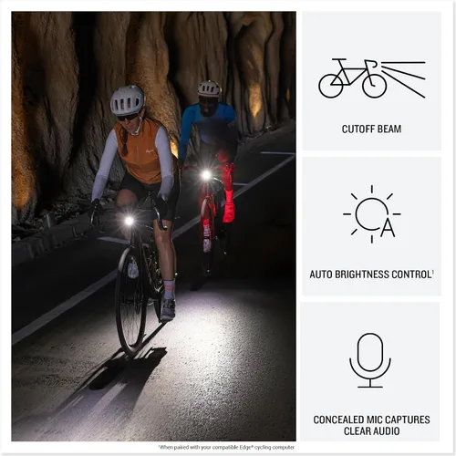 Vista 3 de Garmin Varia™ Vue, Faro de ciclismo y cámara 4k, intensidad de luz de hasta 600 lúmenes, grabación de video nítida, detección de incidentes mientras