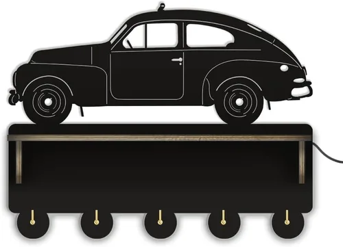 Vista 3 de The Geeky Days Moderno llavero luminoso LED con forma de coche para pared, perchero de madera montado en la pared con estante organizador de medalla