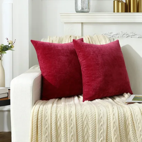 Vista 3 de Jeneoo - Fundas de almohada decorativas rojas brillantes de chenilla suave, fundas de cojín cómodas y sólidas para sofá de sala de estar