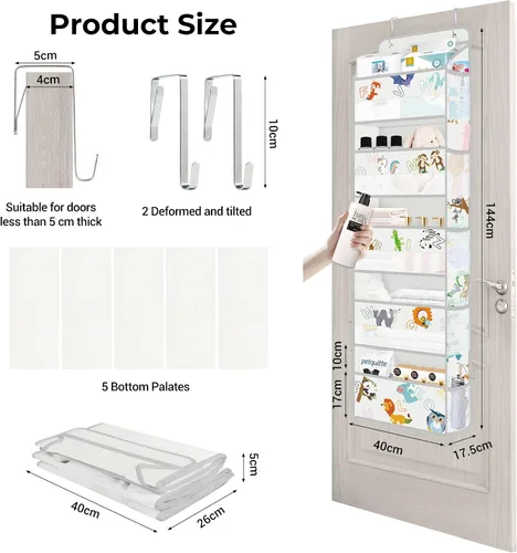 Vista 3 de Clastyle Organizador sobre la puerta del alfabeto de animales, diseño de león, mono, 5 estantes, armario, guardería, estantes colgantes, ropa