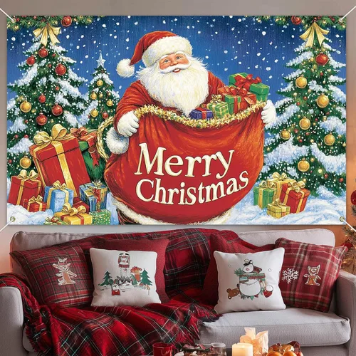 Vista 5 de HOMETITUTE Cartel de Feliz Navidad de Papá Noel de 71 x 43 pulgadas, telón de fondo navideño con bolsa de regalo y árbol de Navidad para interiores