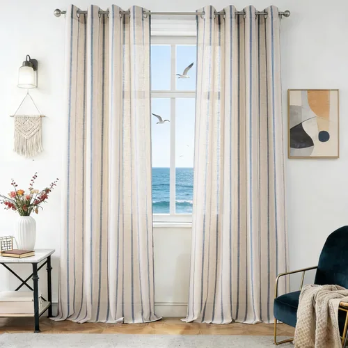 Vista 40 de DriftAway Cortinas de estilo granja con rayas verticales de lino mezclado texturizado con filtro de luz semitransparente para sala de estar