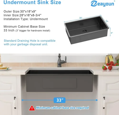 Vista 4 de Fregadero de Cocina Empotrado de 30 Pulgadas Negro - Fregadero de Cocina de Acero Inoxidable Gunmetal Negro de 30x18 Pulgadas de 18 Calibre