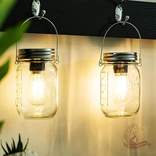 Vista 7 de MJ PREMIER - Paquete de 2 linternas LED ámbar con tarro de masón, funciona con pilas, luces de vidrio vintage inalámbricas con temporizador de 6