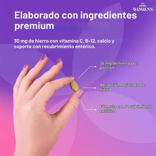 Vista 4 de GNC Multivitamínico completo de hierro para mujer, mejora la capacidad de absorber hierro, 60 cápsulas Proporciona 30 miligramos de hierro