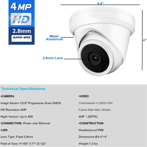 Vista 4 de Cámara domo de torreta IP PoE de 4 MP, gran angular de 0.110 in, H.265, cámara de seguridad CCTV resistente al agua IP66, cumple con la NDAA