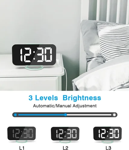 Vista 4 de Reloj despertador para dormitorio, reloj digital con espejo LED de 7 pulgadas, pantalla grande, con 2 puertos de carga USB, atenuador automático