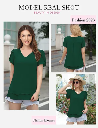 Vista 5 de Furnex Blusas de manga corta con cuello en V para mujer, diseño de pétalos de doble capa, túnica de gasa