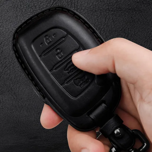 Vista 5 de Tukellen Funda de Cuero Genuino para Llavero Portallaves Inteligente Compatible con Hyundai Elantra Elantra GT Ioniq Sonata Tucson Smart 4 Botones