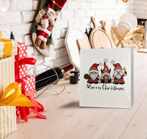 Vista 2 de KEUSPI Letrero de madera con texto en inglés "Merry Christmas", placa de madera de gnomo de Navidad, decoración para mesa, letreros de gnomos