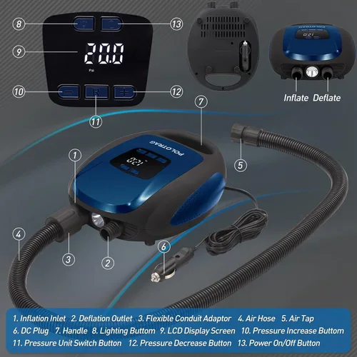 Vista 3 de Polotrag Bomba de tabla de remo, bomba eléctrica SUP, compresor de aire portátil profesional de 20 PSI con apagado automático, función
