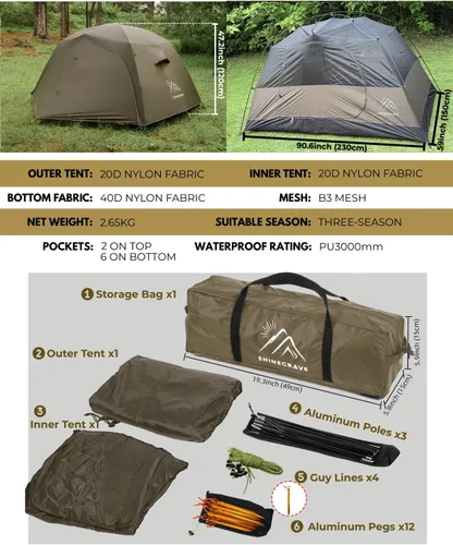 Vista 5 de Camping Tent 2 Person,Ultra Large Capacity, Lightweight 3 Season Backpacking Tent 2 Person, 20D Nylon/Taffeta PU3000mm, Free Standing, Ideal for