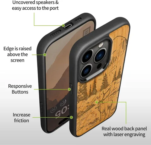 Vista 9 de Carveit Funda magnética de madera para iPhone 14 Pro, madera natural y TPU suave negro, funda protectora a prueba de golpes, funda de madera única