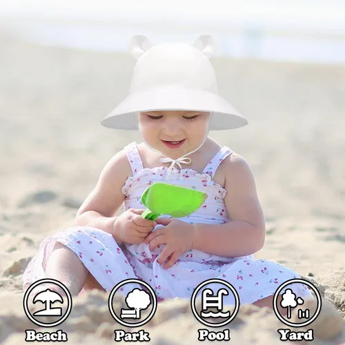 Vista 3 de Sombrero de sol para bebé, sombreros para niños y niñas, sombrero de sol para bebé niña sombreros con orejas de oso de ala ancha UPF 50+ sombrero