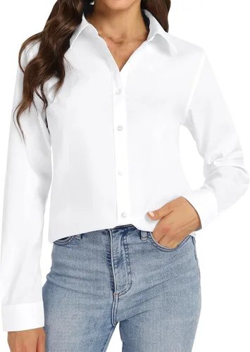 Vista 7 de Camisas de vestir para mujer, de manga larga, con botones, formales, sin arrugas, lisas, para trabajo, negocios, oficina, tops básicos